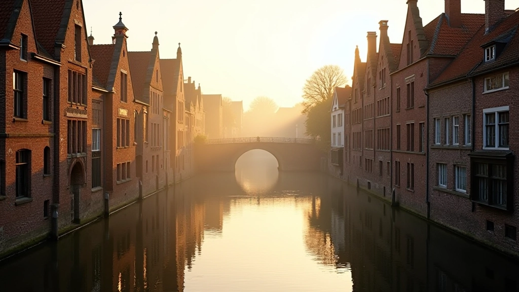 Mooie grachten van Brugge met historische gebouwen weerspiegeld in het water, ochtendlicht