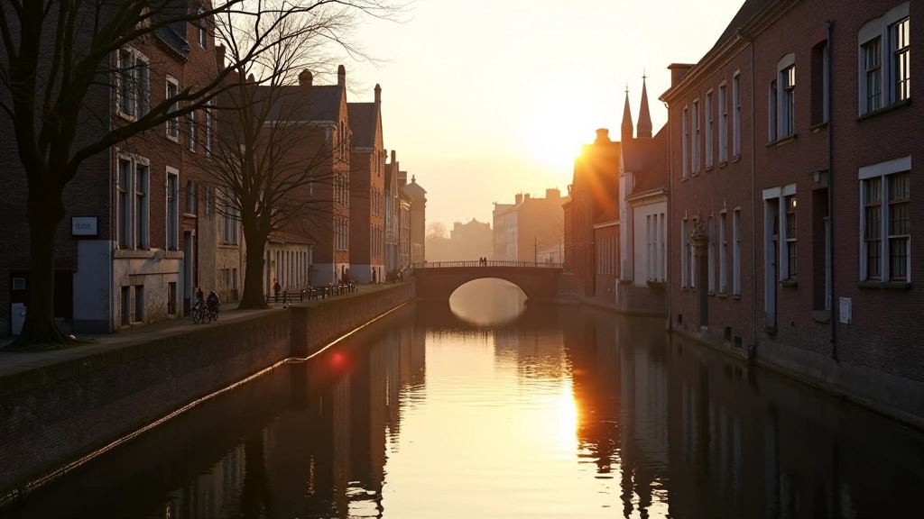 Brugse grachten met historische panden aan weerzijden, zonlicht op het water, vredige atmosfeer