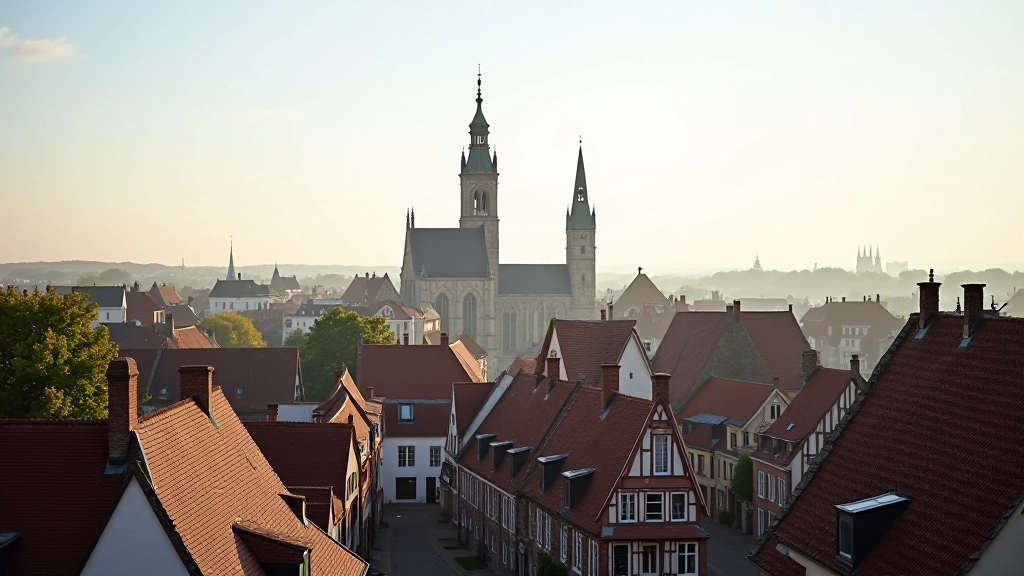 Historische binnenstad van Brugge met Belfry en Sint-Salvatorskerk zichtbaar boven daken
